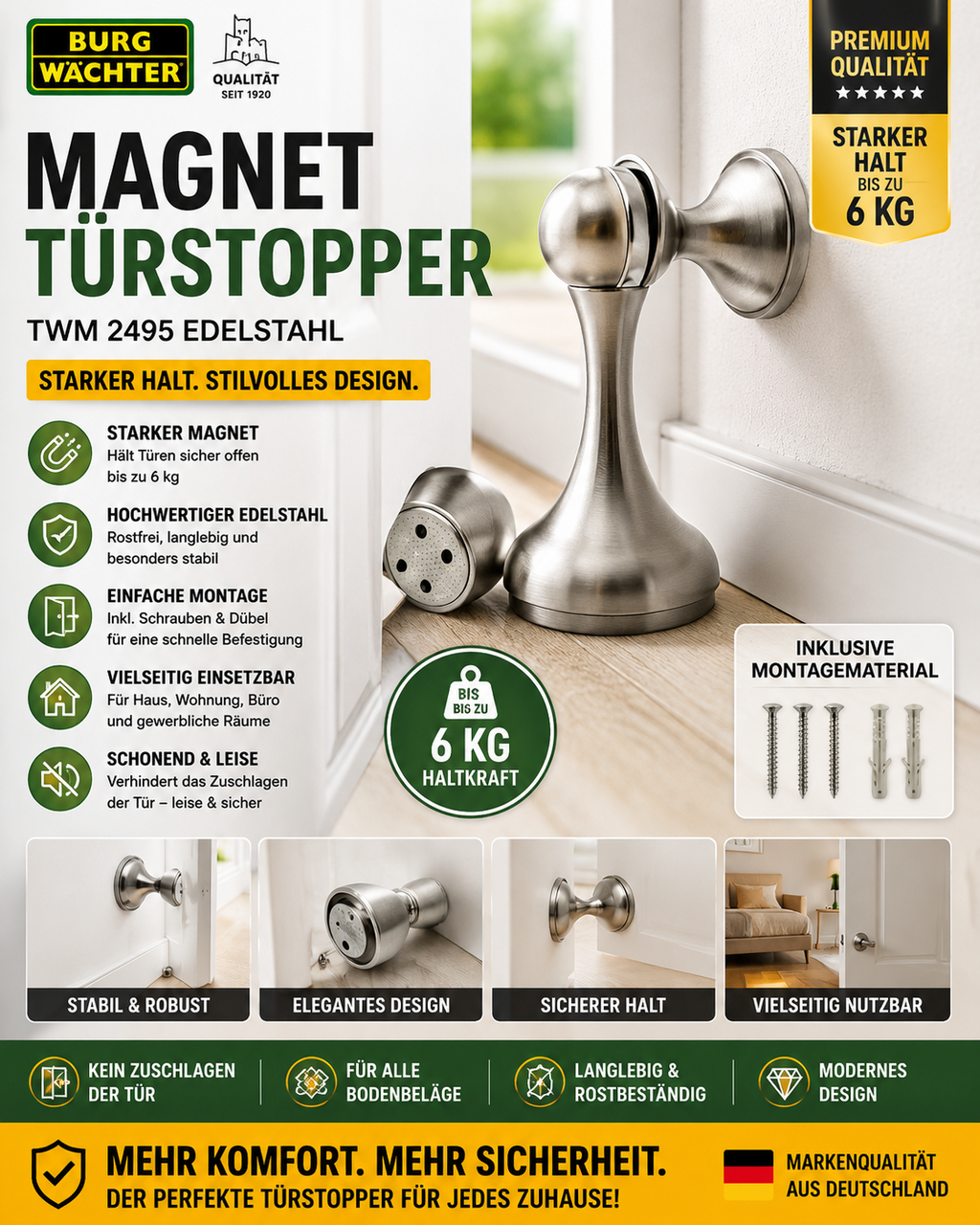 BURG-WÄCHTER Magnet Türstopper Wandmontage Edelstahl | Starker Halt | Leise Türf