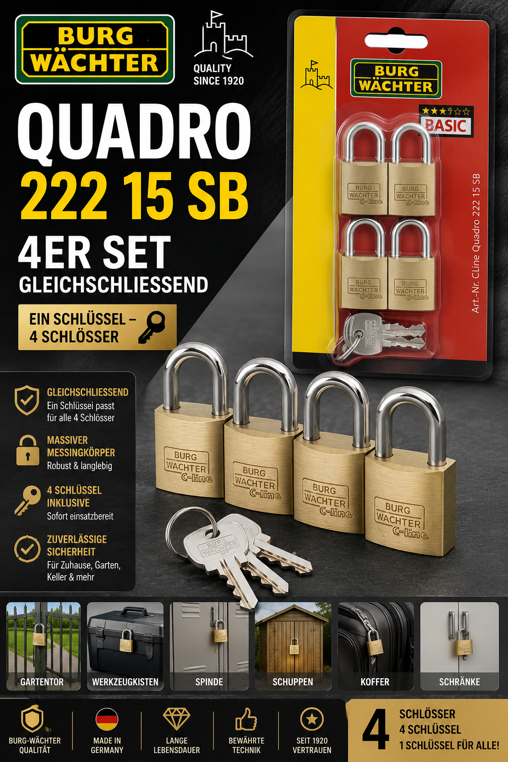 BURG-WÄCHTER Quadro 222 15 SB 4er Set Mini Vorhängeschlösser gleichschließend