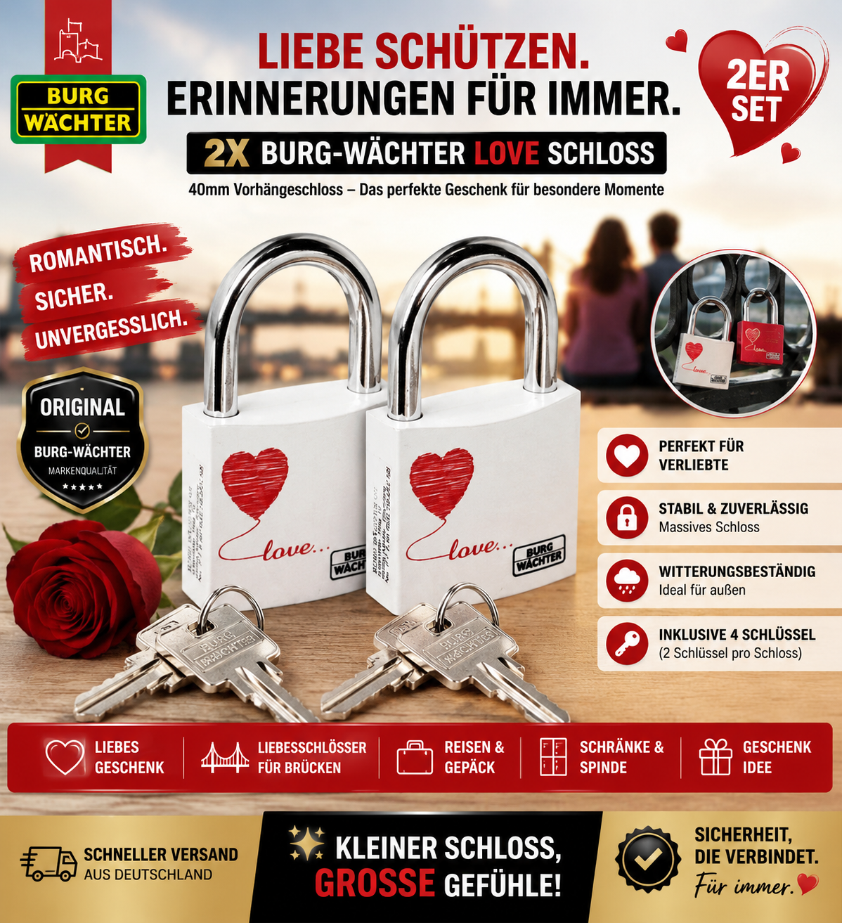 2 X BURG-WÄCHTER Love Schloss 40mm Vorhängeschloss Herz Rot Geschenk Paar