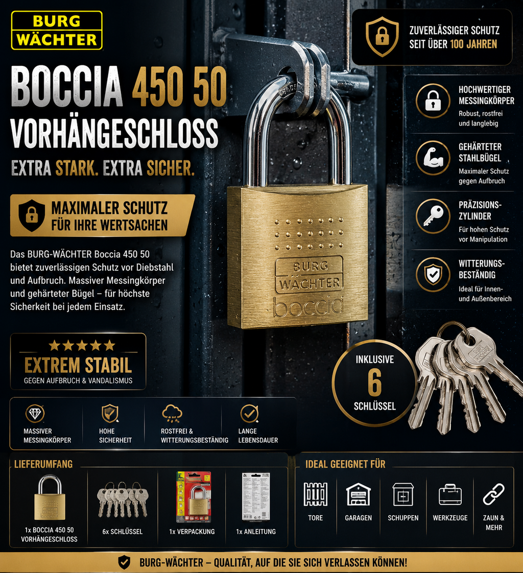 BURG-WÄCHTER Boccia 450 50 Schloss Messing 6 Schlüssel Extrem Stabil