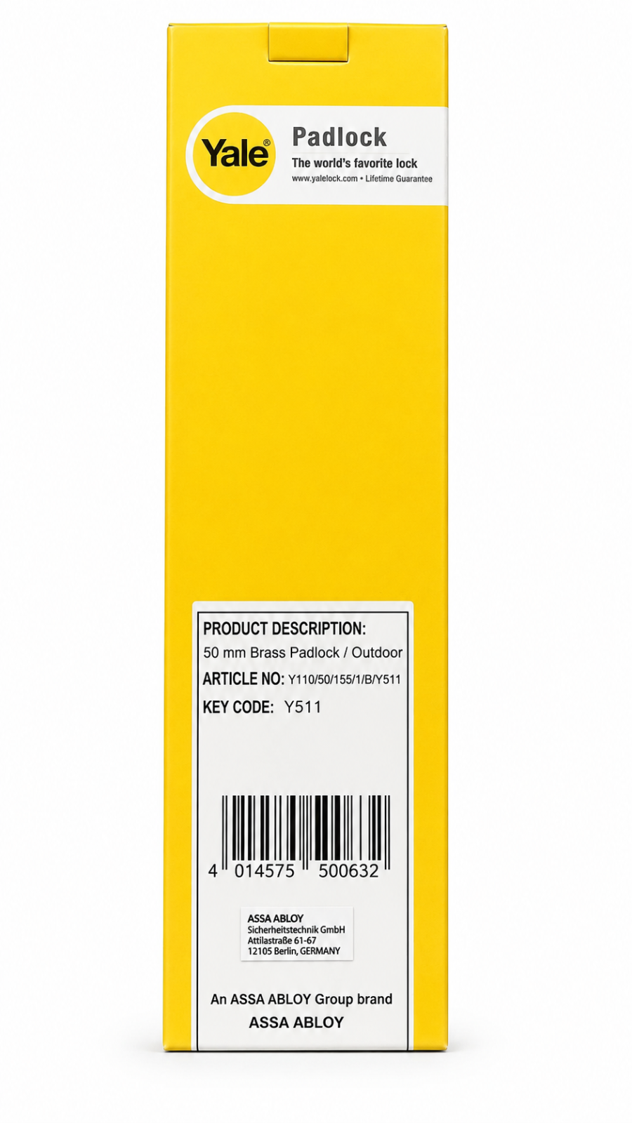 Yale Premium Vorhängeschloss 50mm Langbügel Messing Garage Keller Outdoor