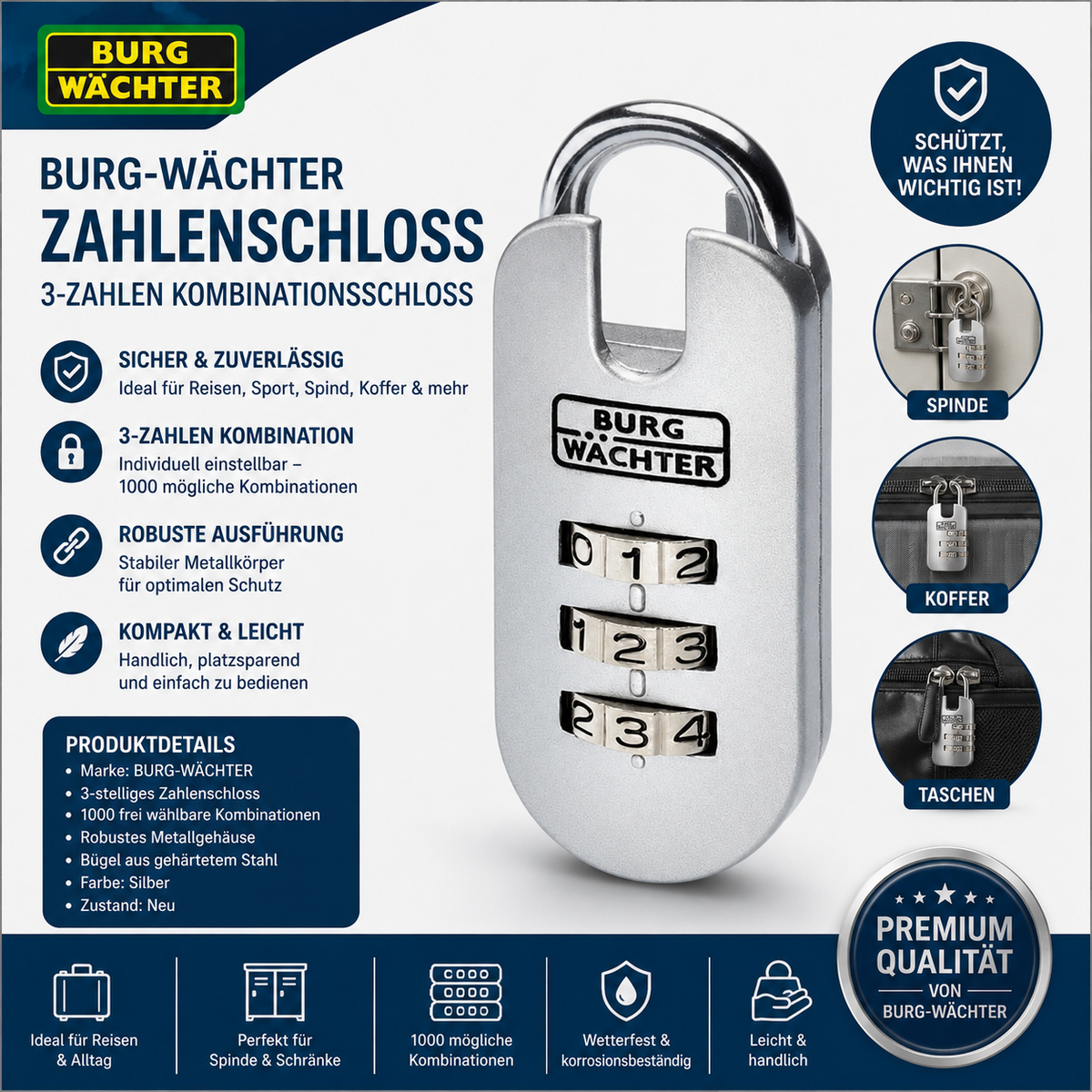 BURG-WÄCHTER Zahlenschloss 3-stellig 25mm Vorhängeschloss Combi Lock ohne Schlüs