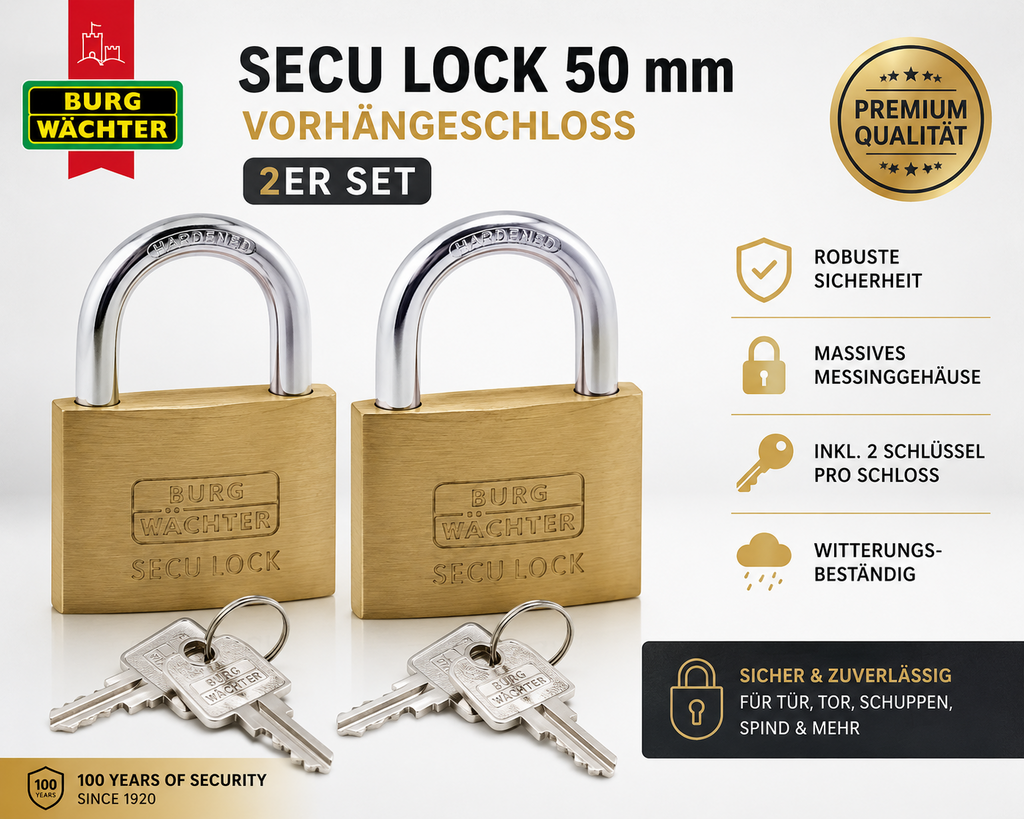2 X BURG-WÄCHTER Secu Lock 50 mm Vorhängeschloss  Messing Sicher Stabil