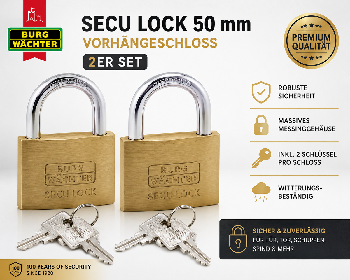2 X BURG-WÄCHTER Secu Lock 50 mm Vorhängeschloss  Messing Sicher Stabil