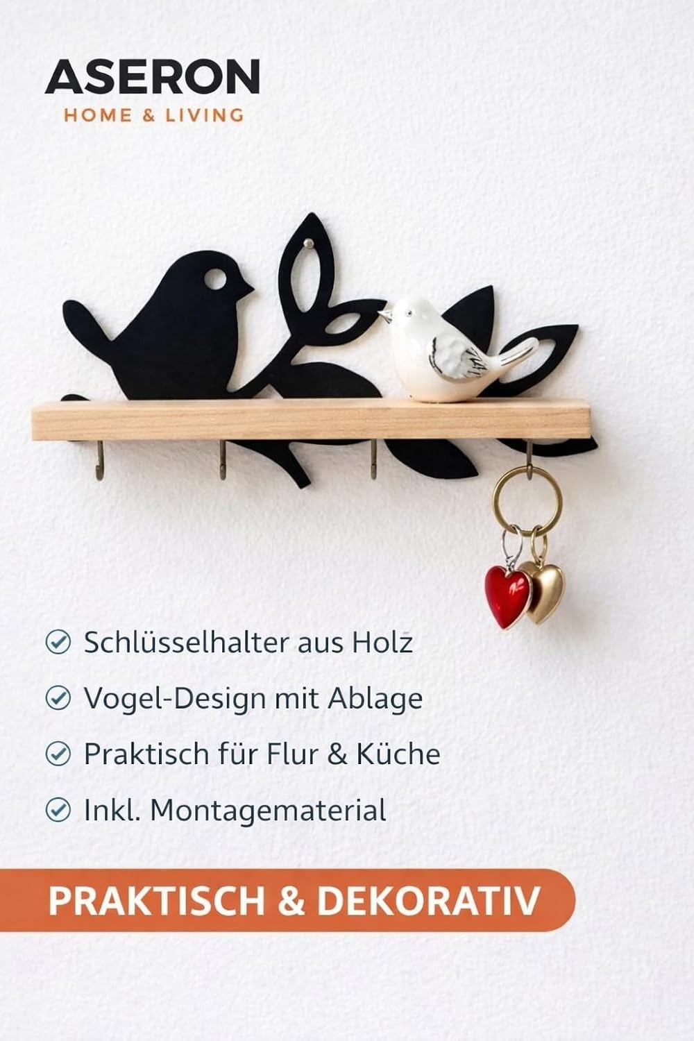 ASERON Schlüsselbrett mit Ablage Holz Wand Vogel Design Flur Garderobe