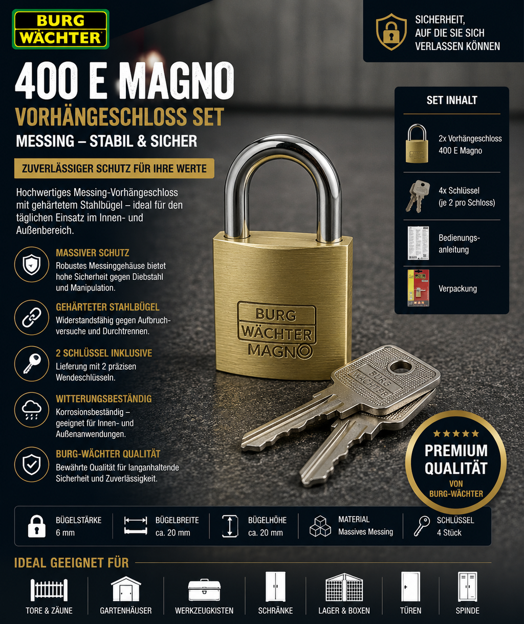 2x BURG-WÄCHTER 400 E Magno Vorhängeschloss Messing Set Stabil Sicher