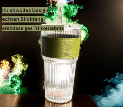ASERON Geripptes Trinkglas 600ml Set mit Deckel & Glasstrohhalm – Smoothie Eiska