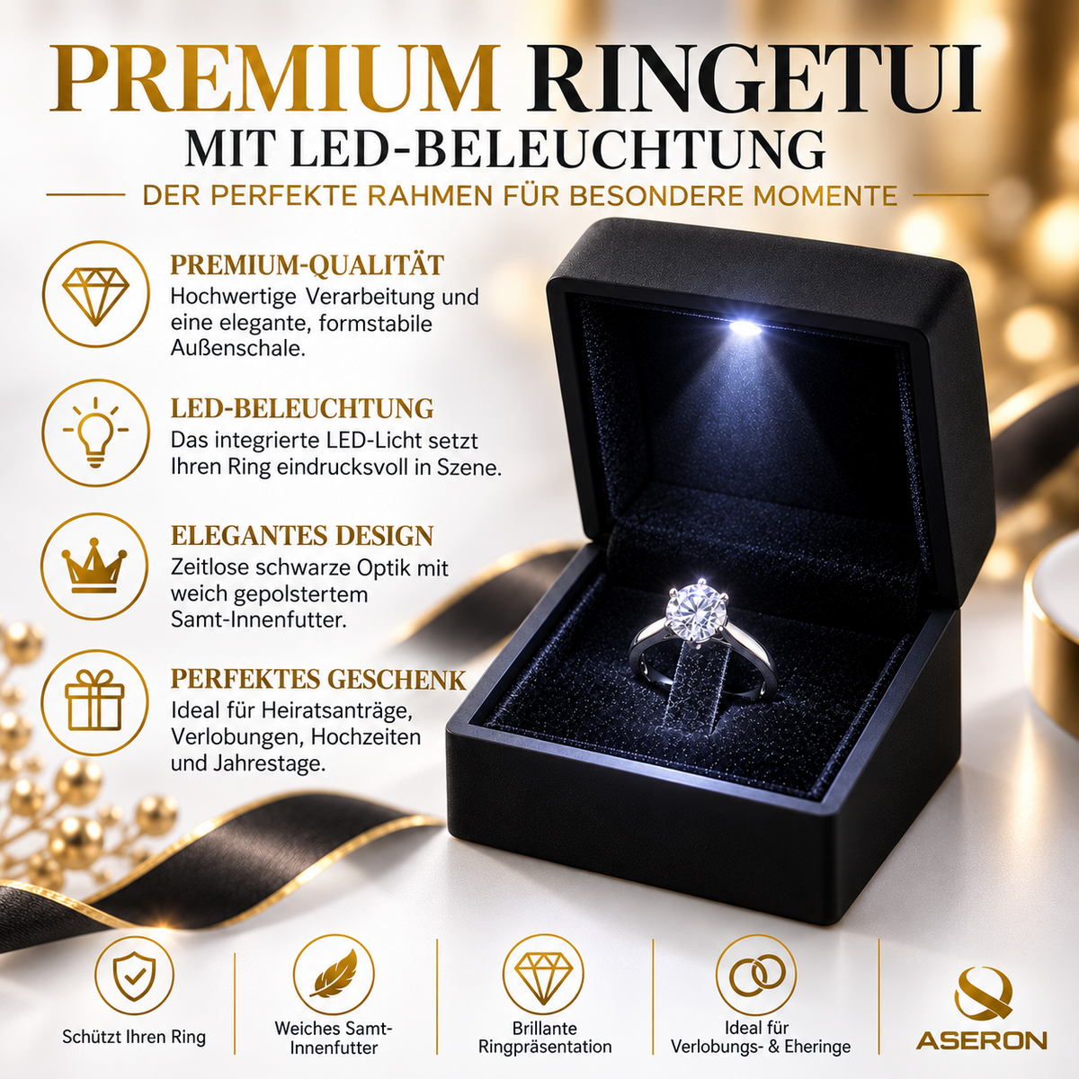 ASERON LED Ringetui mit Licht Schwarz Schmuckbox Verlobungsring Geschenkbox