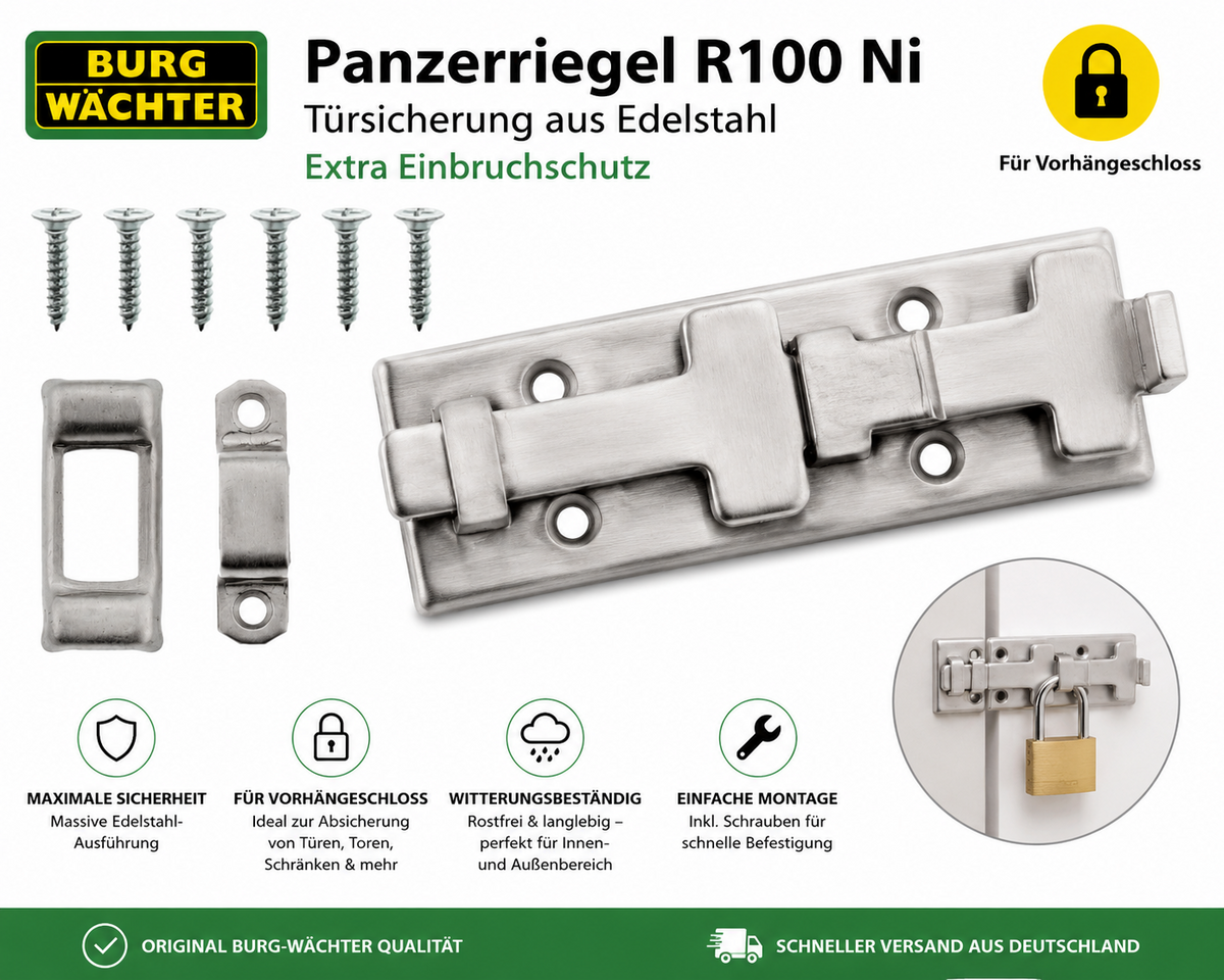 Burg-Wächter Panzer-Riegel R100 Ni Edelstahl Türsicherung Einbruchschutz