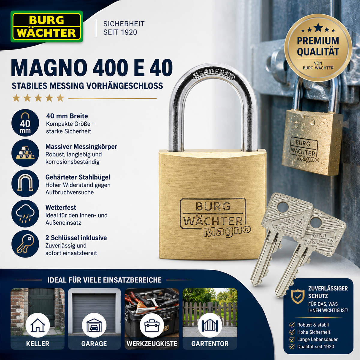 2x BURG-WÄCHTER Magno 400 E 40 Vorhängeschloss Messing 40mm Stabil Sicher