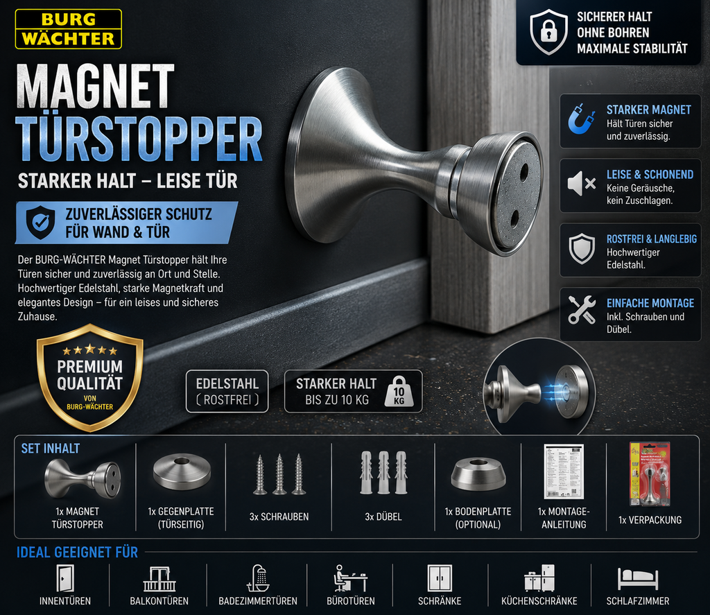 BURG-WÄCHTER Magnet Türstopper Wandmontage Edelstahl | Starker Halt | Leise Türf