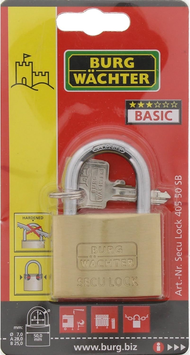 BURG-WÄCHTER Secu Lock 50mm Vorhängeschloss Messing 2 Schlüssel Sicher Stabil