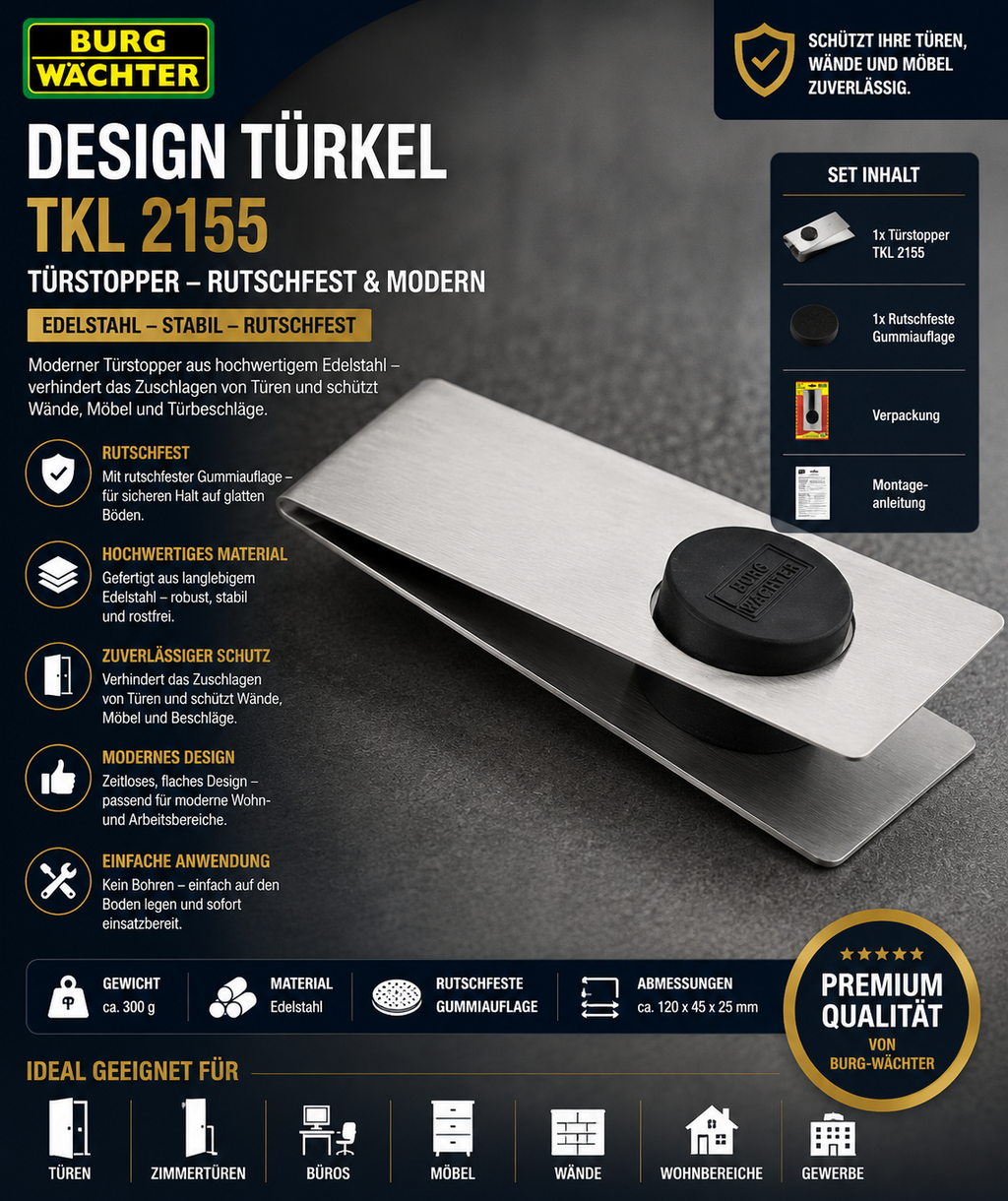 BURG-WÄCHTER Design Türkeil TKL 2155 Edelstahl Türstopper Rutschfest Modern