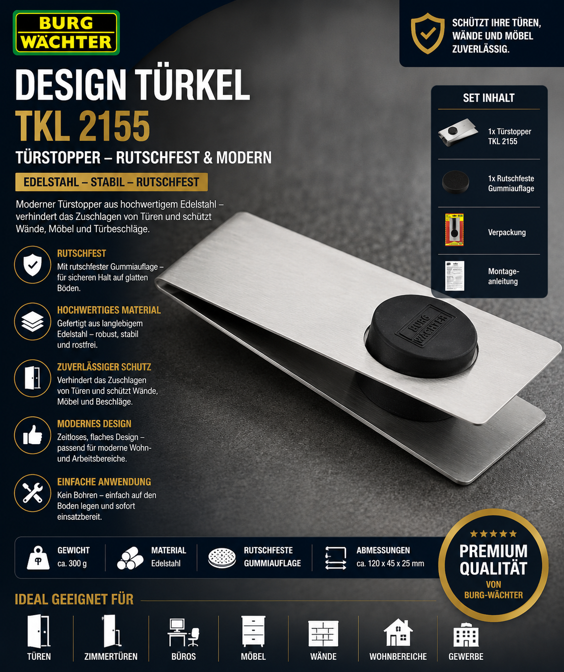 BURG-WÄCHTER Design Türkeil TKL 2155 Edelstahl Türstopper Rutschfest Modern