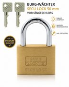 BURG-WÄCHTER Secu Lock 50mm Vorhängeschloss Messing 2 Schlüssel Sicher Stabil