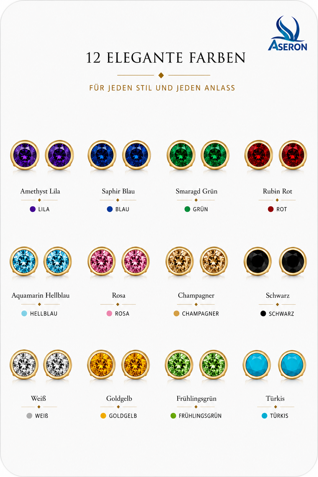 Zirkonia Ohrstecker Gold 12 Farben nickelfrei Damen Ohrringe Set wählbar