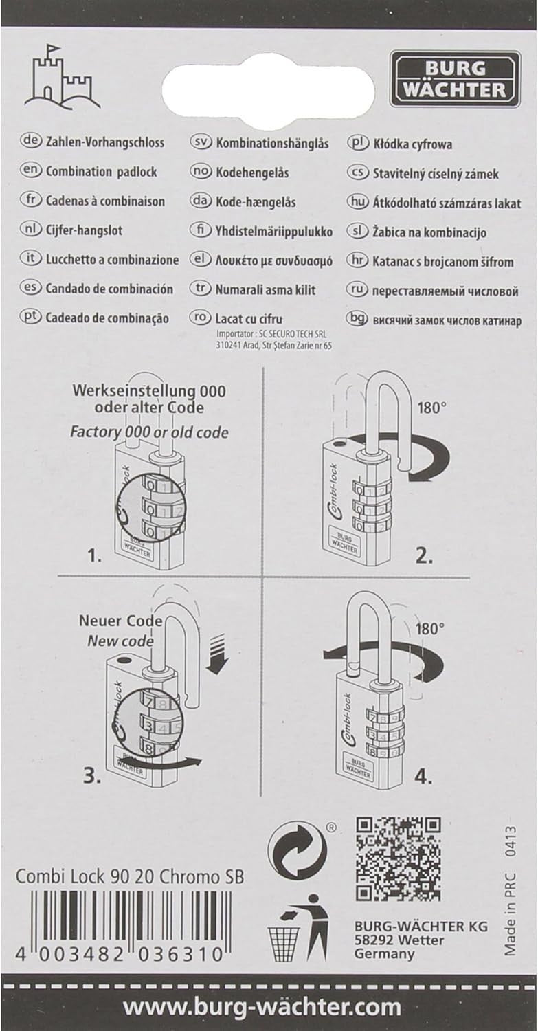 BURG-WÄCHTER Combi Lock 90 20 Zahlenschloss Chromo Verstellbar 3-stellig Silber