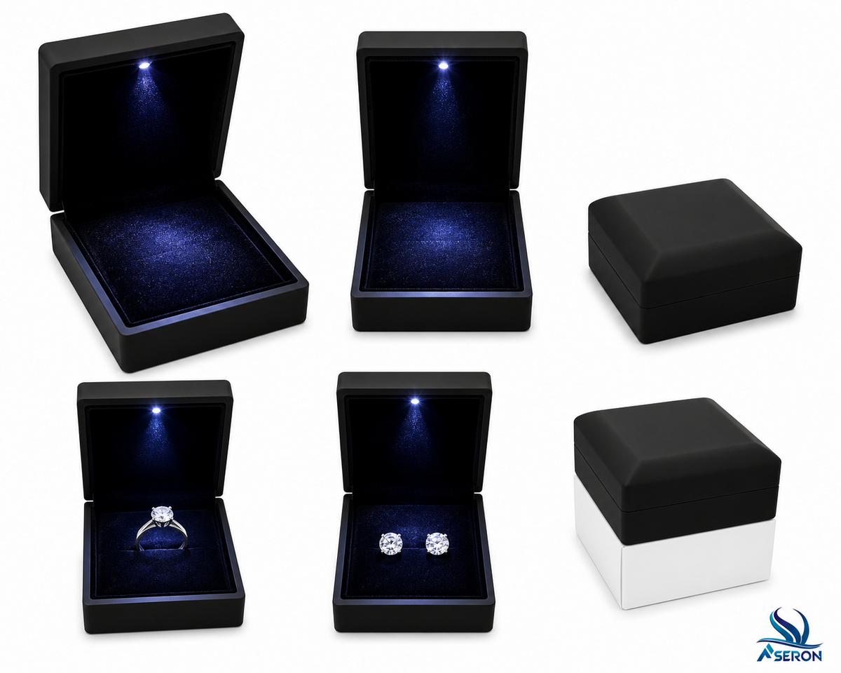 LED Schmuckbox Schwarz 10x8x4cm Samt Etui Ring Ohrringe Halskette Armband