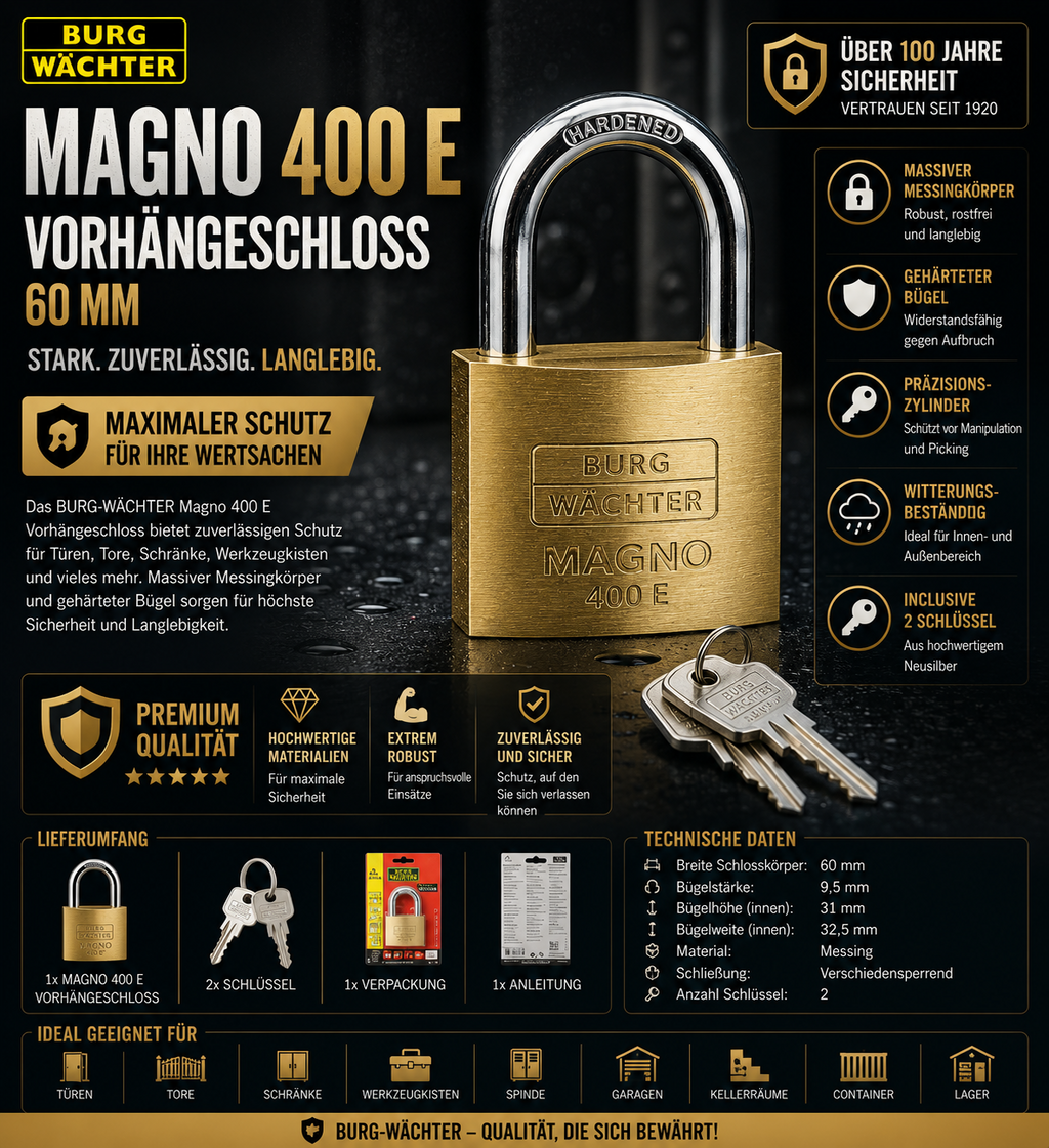 BURG-WÄCHTER Vorhängeschloss 60mm Magno 400 E 9,5mm Bügel Stabil Messing Neu