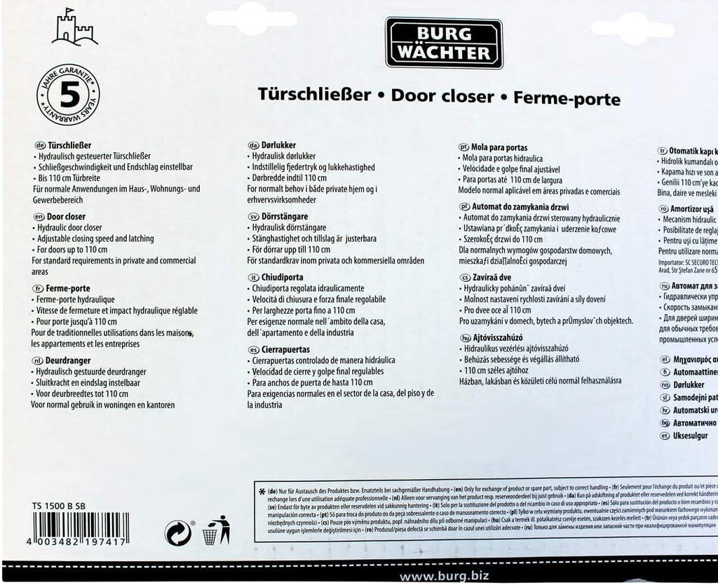 BURG-WÄCHTER TS 1500 B Türschließer Braun 130kg Hydraulisch Einstellbar