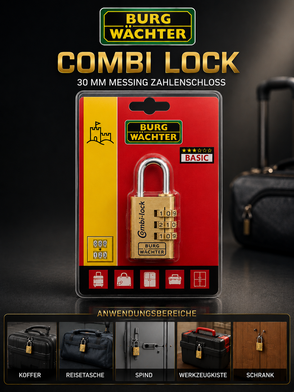 BURG-WÄCHTER Zahlenschloss 30 mm Messing Combi Lock Koffer Spind Schloss