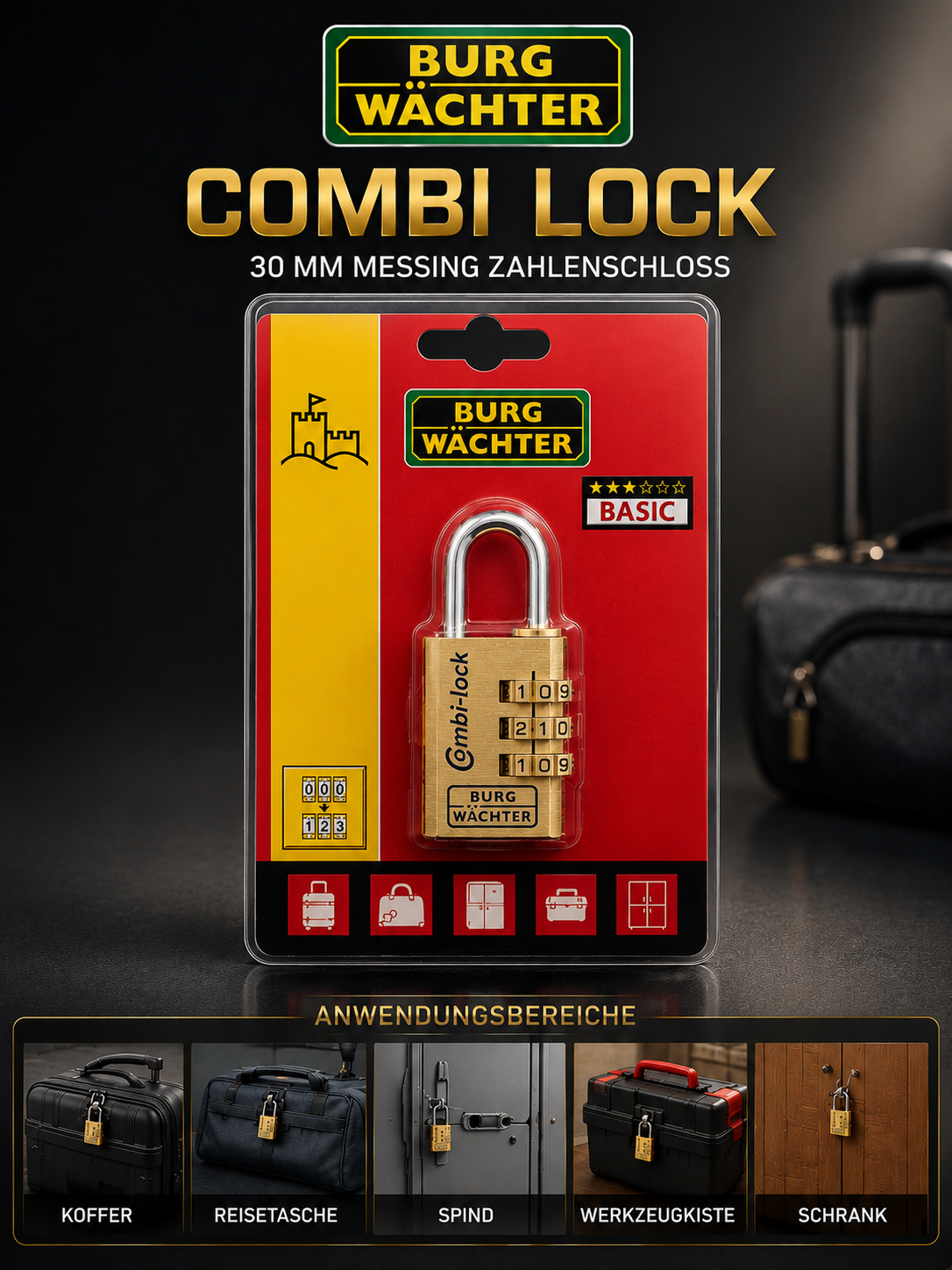 BURG-WÄCHTER Zahlenschloss 30 mm Messing Combi Lock Koffer Spind Schloss