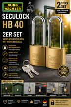 2x BURG-WÄCHTER SecuLock HB 40 Vorhängeschloss Hoher Bügel Messing