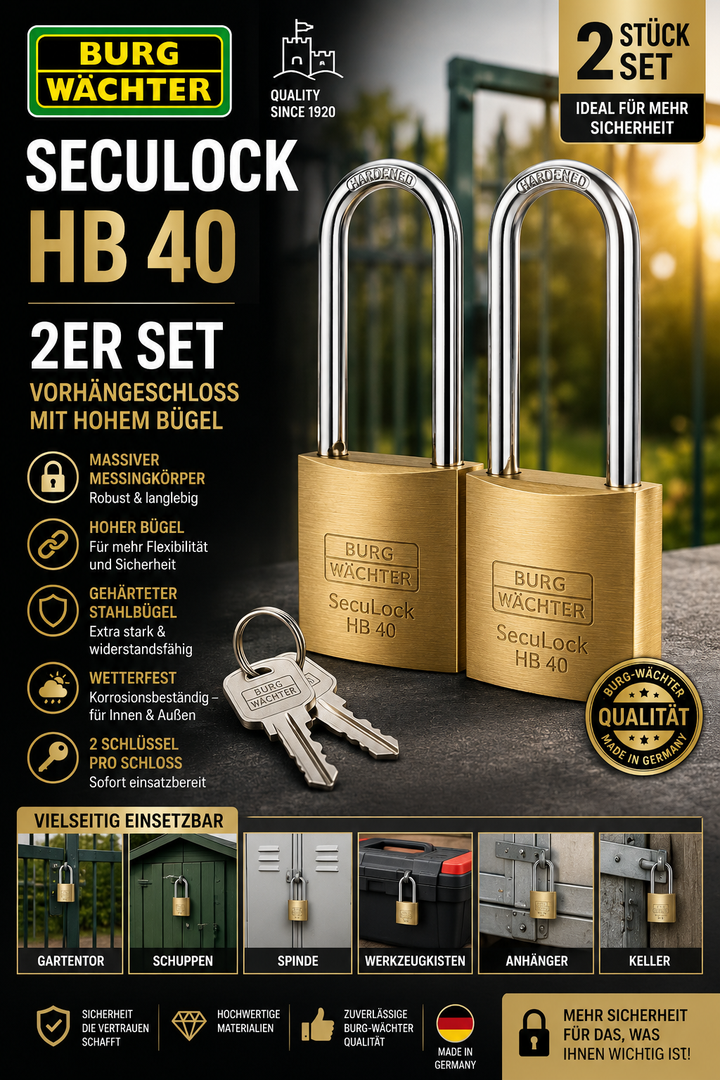 2x BURG-WÄCHTER SecuLock HB 40 Vorhängeschloss Hoher Bügel Messing