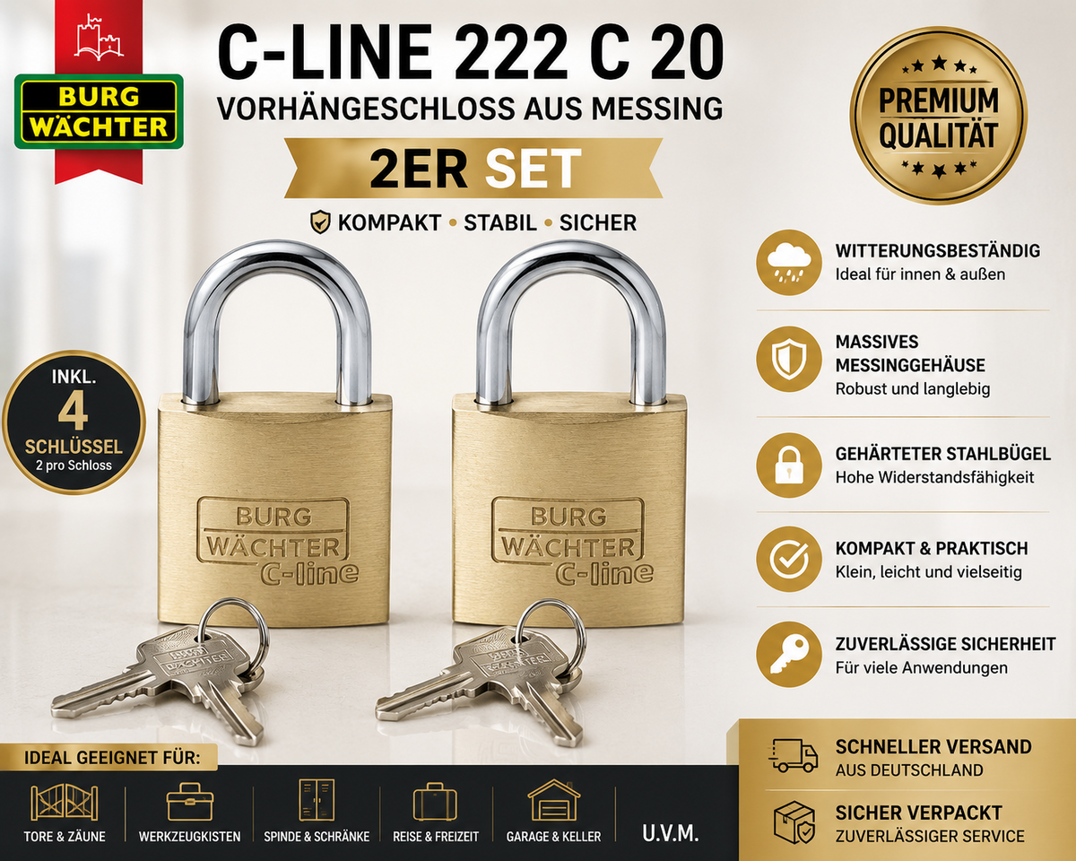 2 X BURG-WÄCHTER C-Line 222 20 SB Vorhängeschloss Messing Bügelschloss Klein