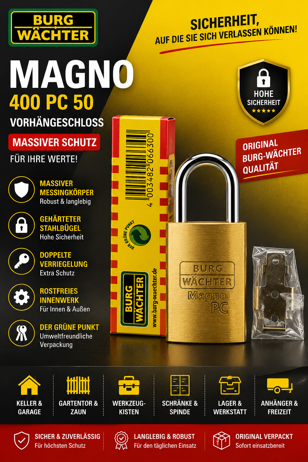 BURG-WÄCHTER Magno 400 PC 50 Vorhängeschloss Profilzylinder Garagentor Kellertür