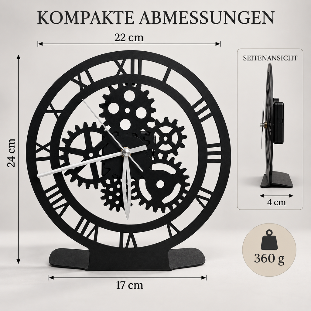 ASERON Metall Tischuhr Schwarz Industrial Zahnrad Römische Zahlen 24 cm