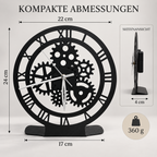 ASERON Metall Tischuhr Schwarz Industrial Zahnrad Römische Zahlen 24 cm