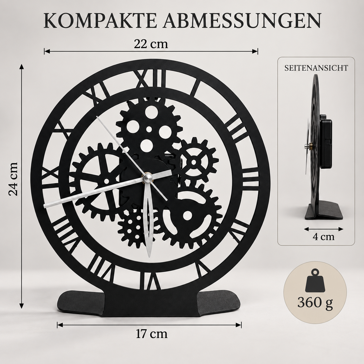 ASERON Metall Tischuhr Schwarz Industrial Zahnrad Römische Zahlen 24 cm
