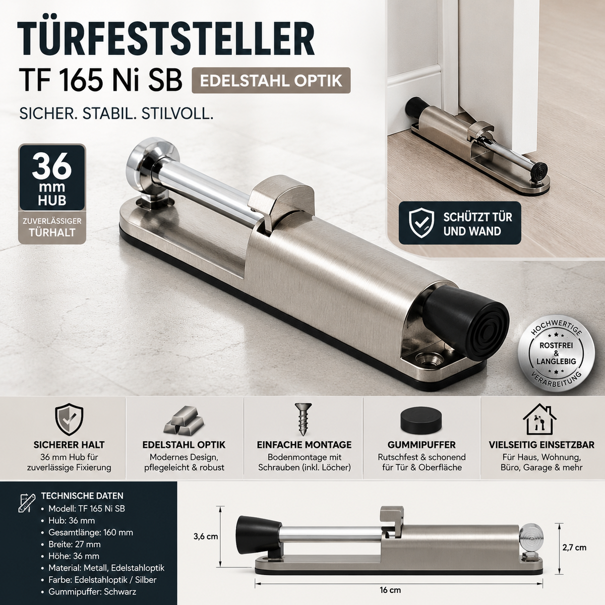 Türfeststeller TF 165 Ni SB Edelstahloptik 36 mm Hub Türhalter Türstopper