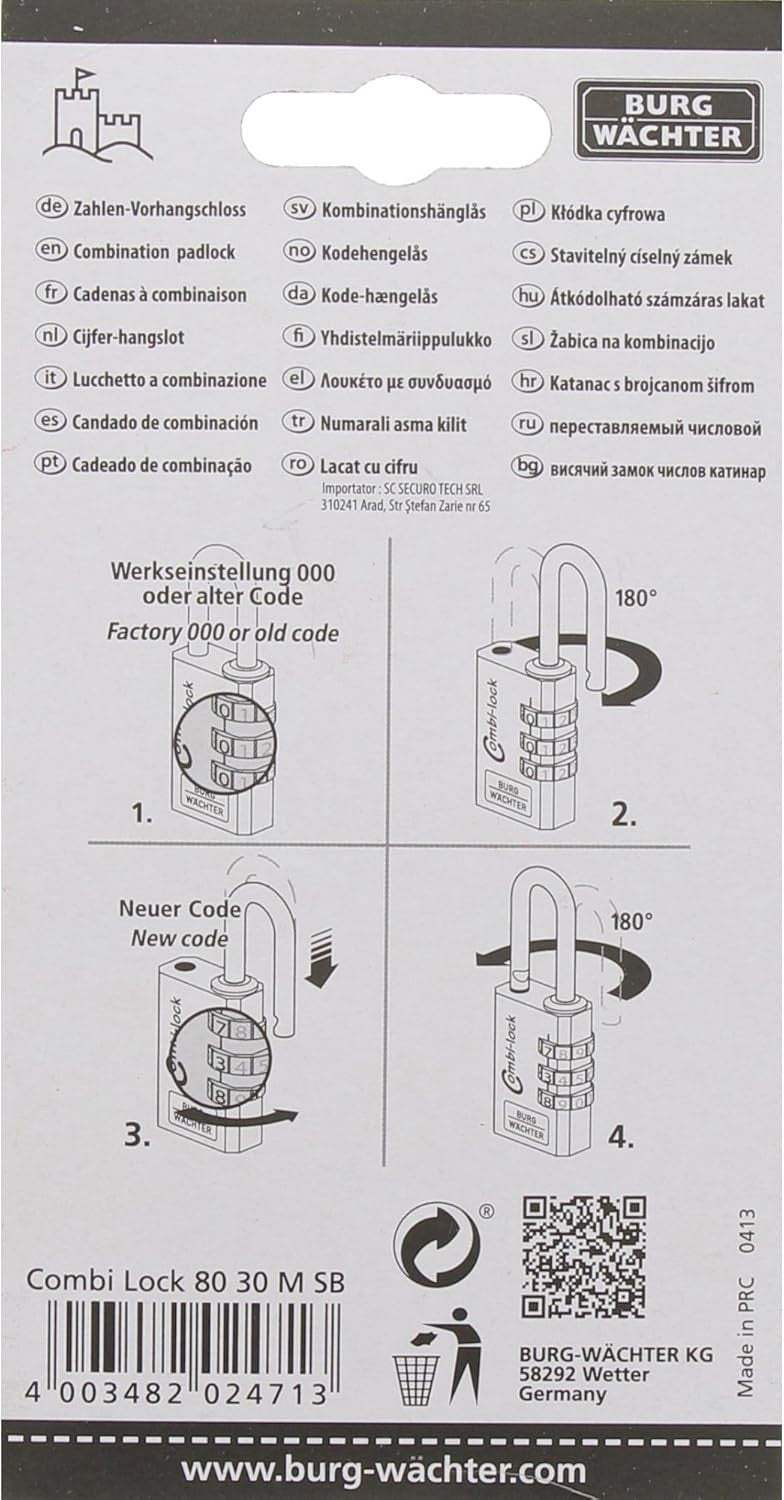 BURG-WÄCHTER Zahlenschloss 30 mm Messing Combi Lock Koffer Spind Schloss