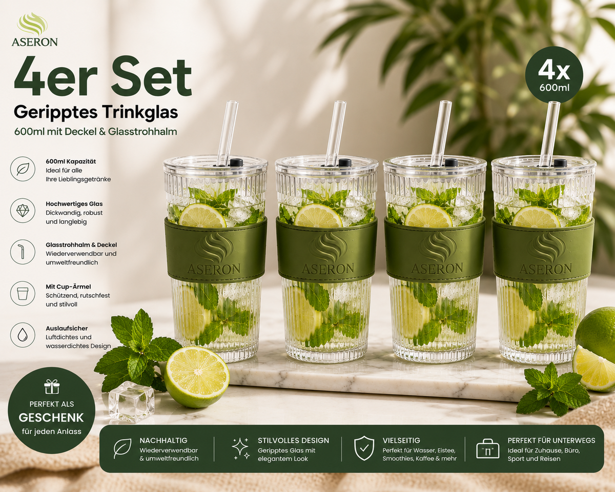 ASERON Geripptes Trinkglas 600ml Set mit Deckel & Glasstrohhalm – Smoothie Eiska