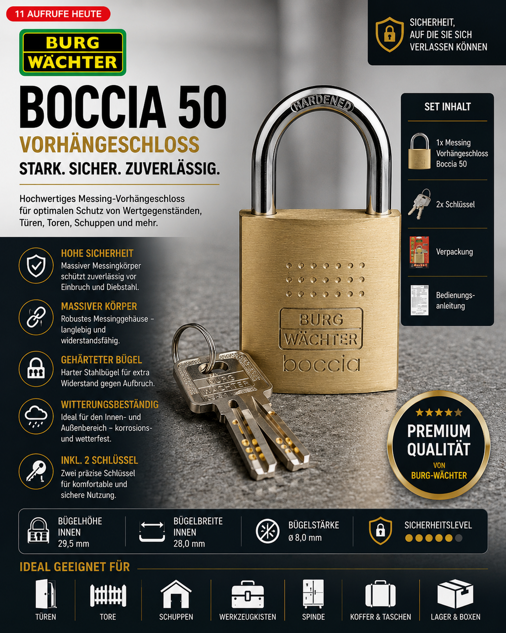 BURG-WÄCHTER Boccia 50 Schloss Messing Vorhängeschloss Stark Sicher