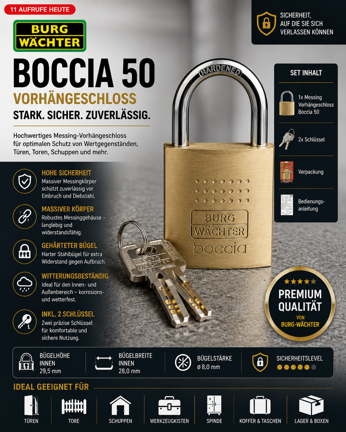 BURG-WÄCHTER Boccia 50 Schloss Messing Vorhängeschloss Stark Sicher