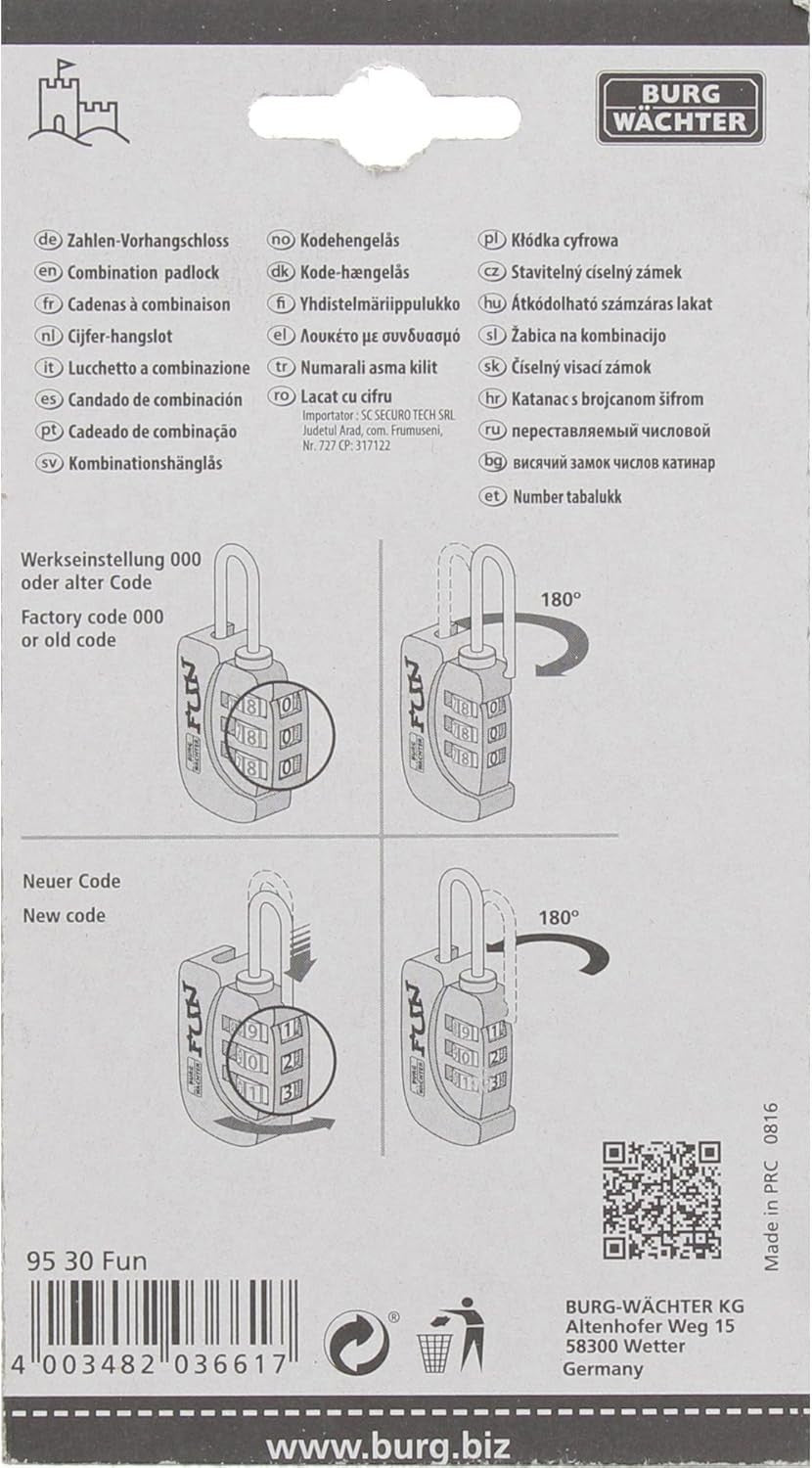 3x BURG-WÄCHTER FUN 95 30 Zahlenschloss Vorhängeschloss 30mm Bunt Set
