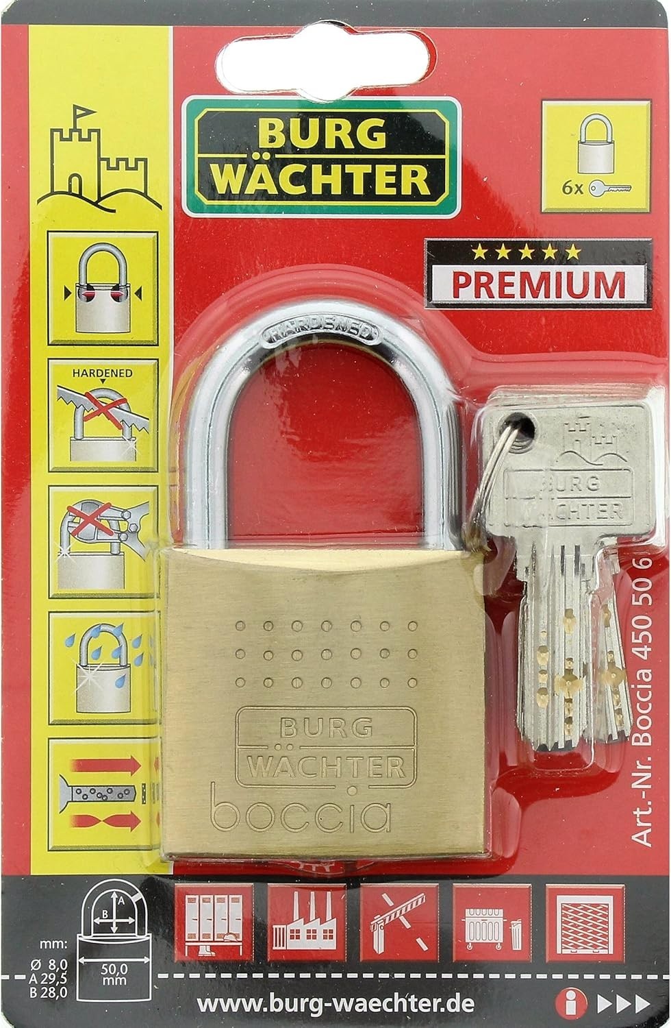 2x BURG-WÄCHTER Boccia 450 50 Schloss Messing 6 Schlüssel Stabil Set