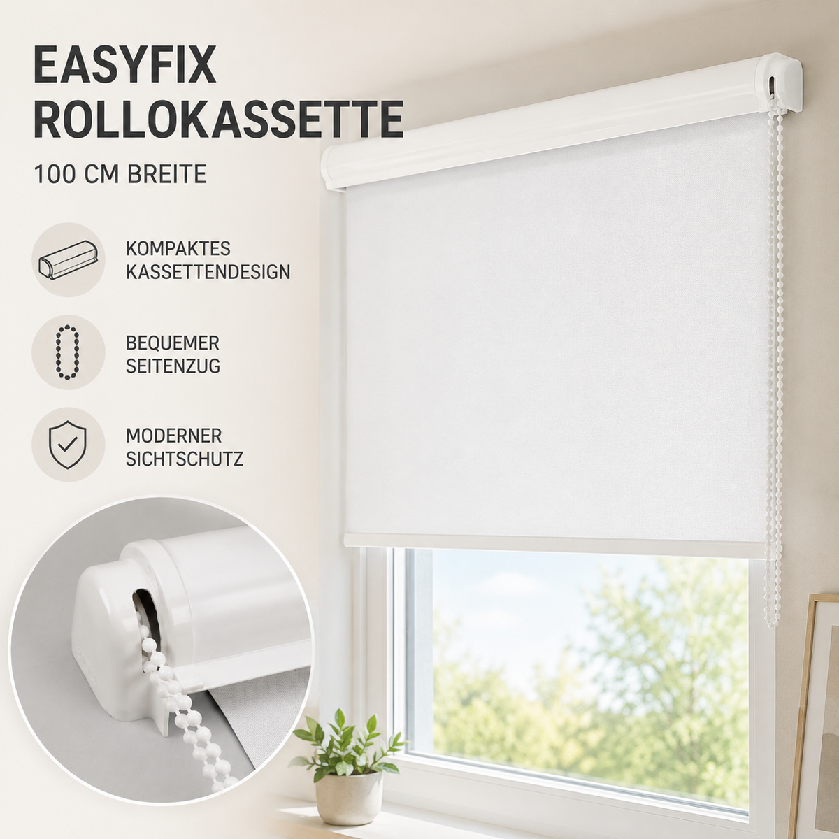 EASYFIX Rollokassette 100 cm Weiß Fensterrollo Sichtschutz Rollo