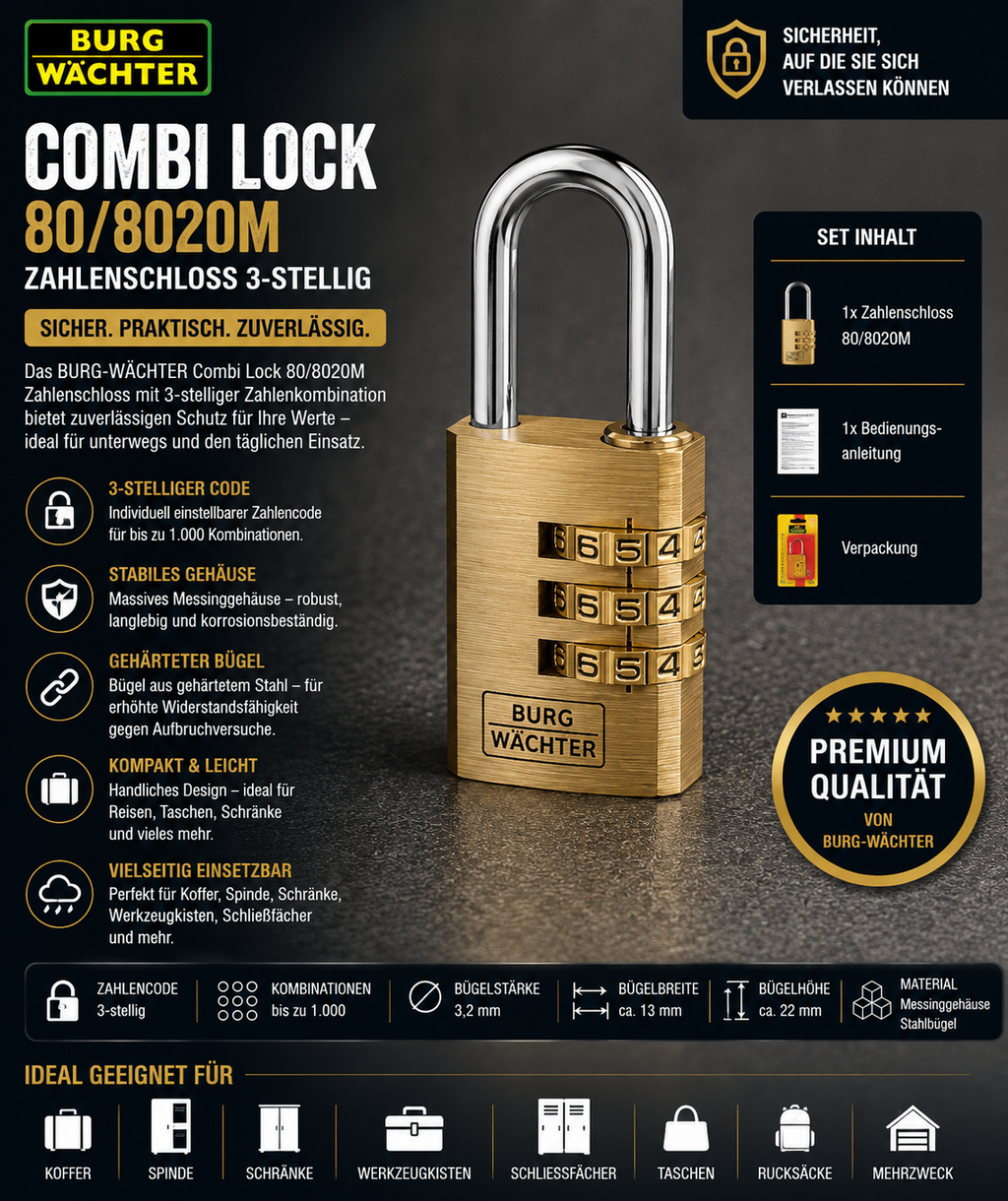 BURG-WÄCHTER Combi Lock 80/8020M Zahlenschloss 3-stellig 3,2mm Bügel