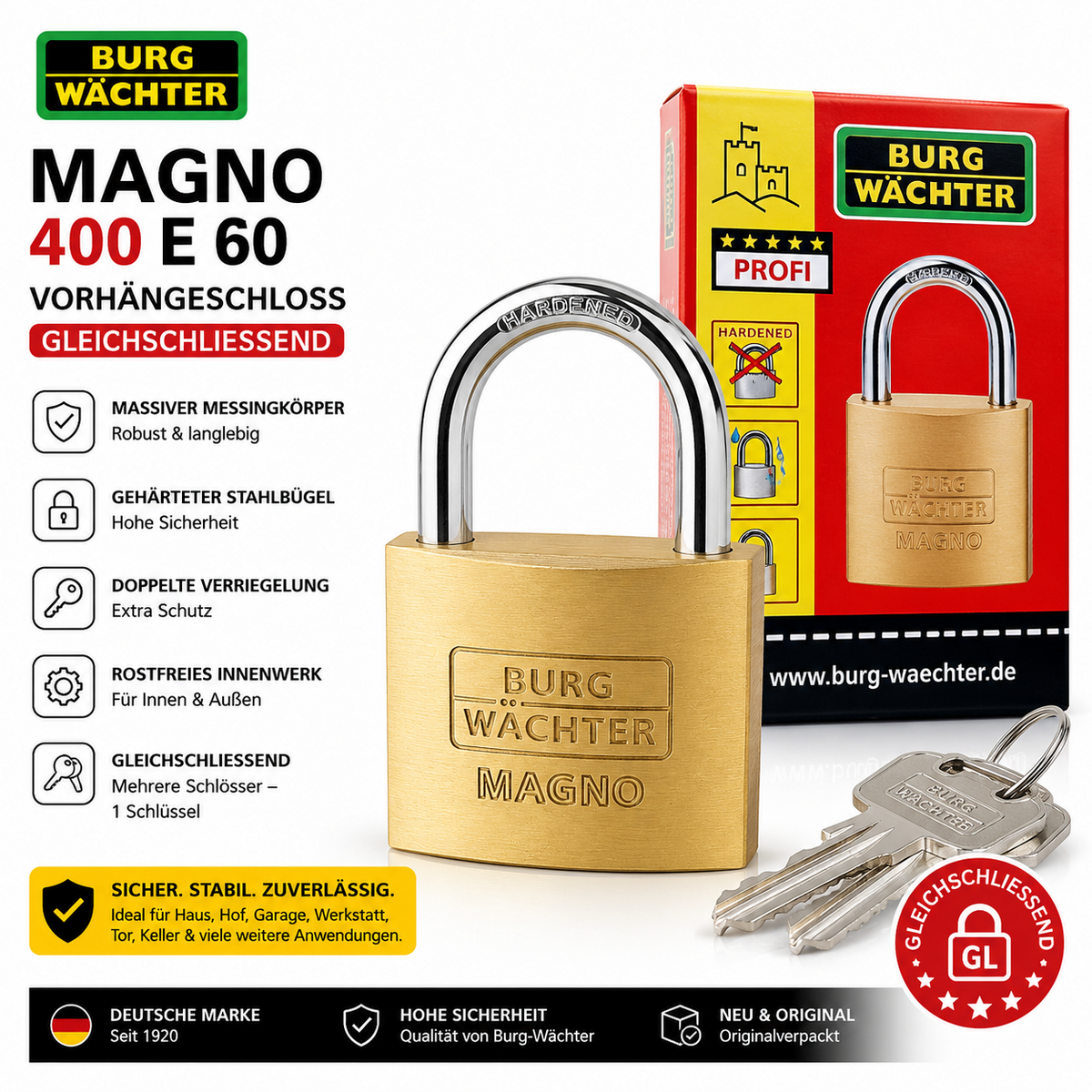 Burg-Wächter Magno 400 E 60 Vorhängeschloss Gleichschließend Messing