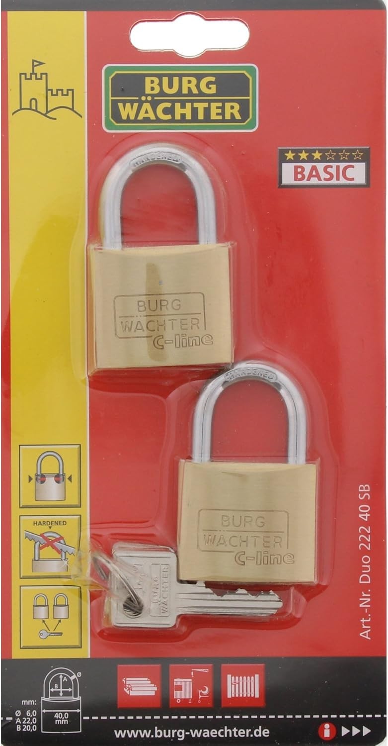 Burg-Wächter Duo 222 40 SB 2er Set Vorhängeschloss Messing 4 Schlüssel