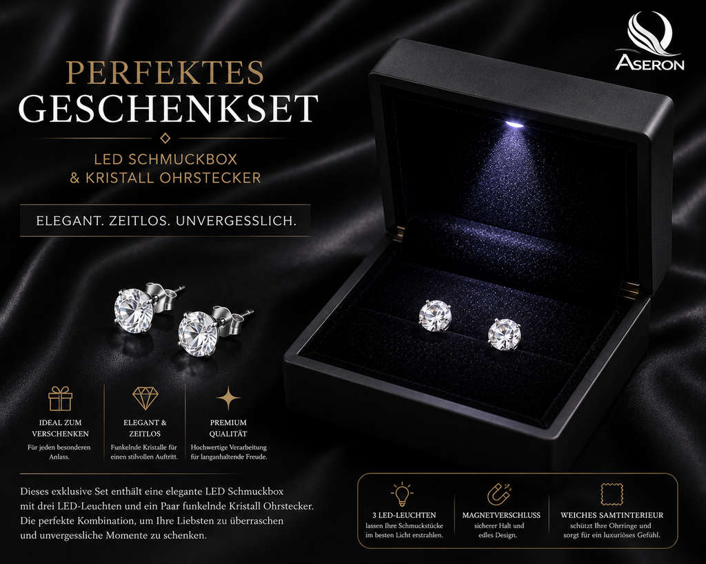 ASERON LED Schmuckbox mit Kristall Ohrsteckern Geschenkset Weiß Damen Luxus