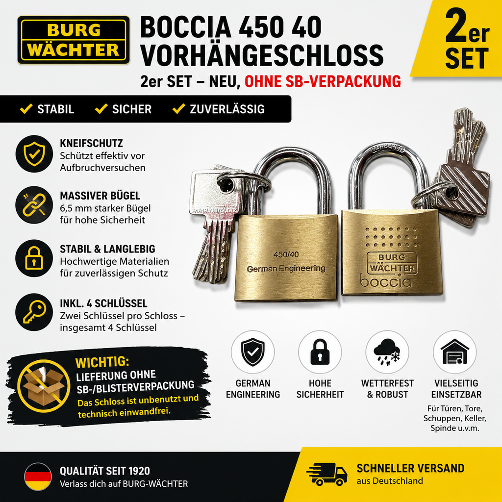 2x BURG-WÄCHTER Boccia 450 40 Vorhängeschloss – Neu ohne Verkaufsverpackung