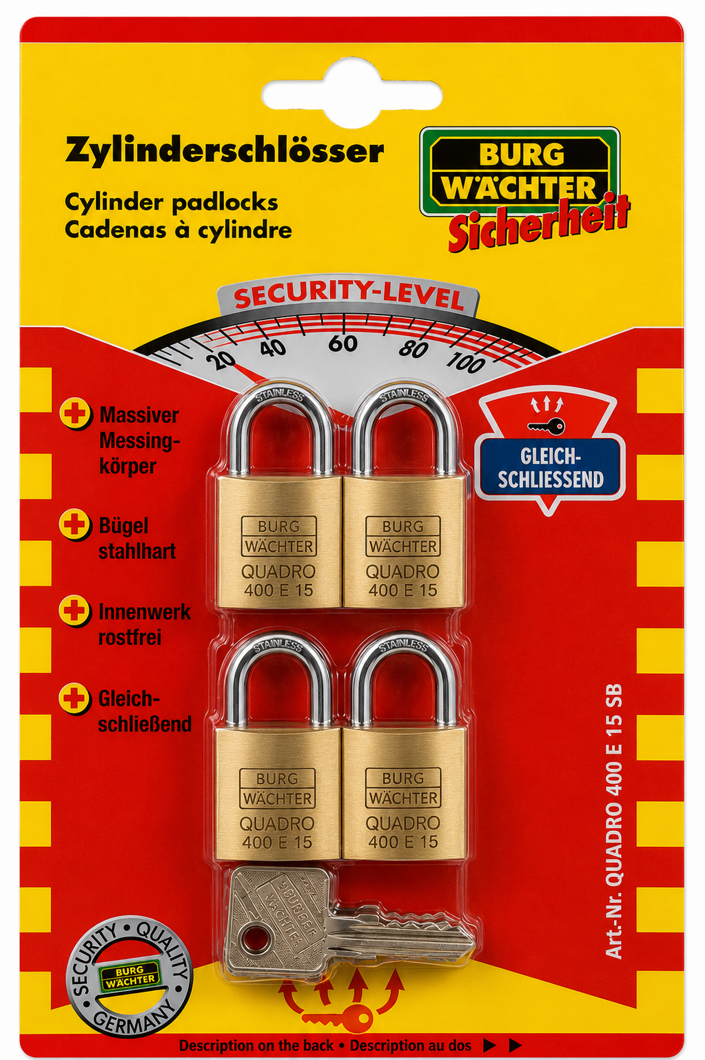 BURG-WÄCHTER 4er Set Vorhängeschlösser QUADRO 400 E 15 SB Messing