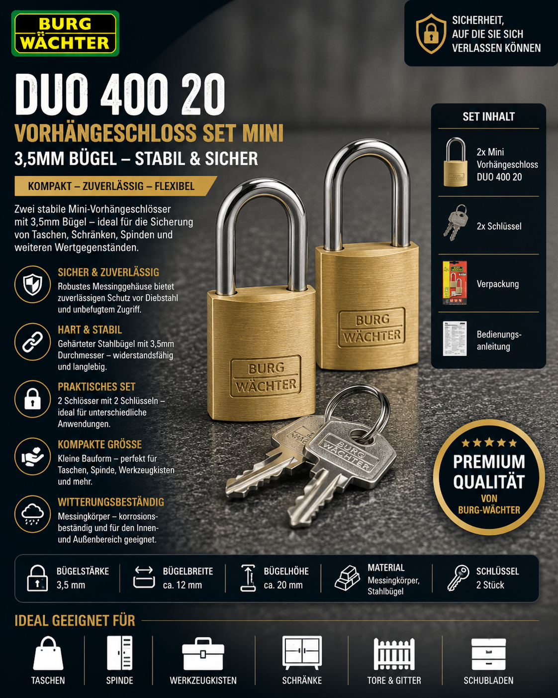 2x BURG-WÄCHTER DUO 400 20 Vorhängeschloss Set Mini 3,5mm Bügel Stabil Sicher
