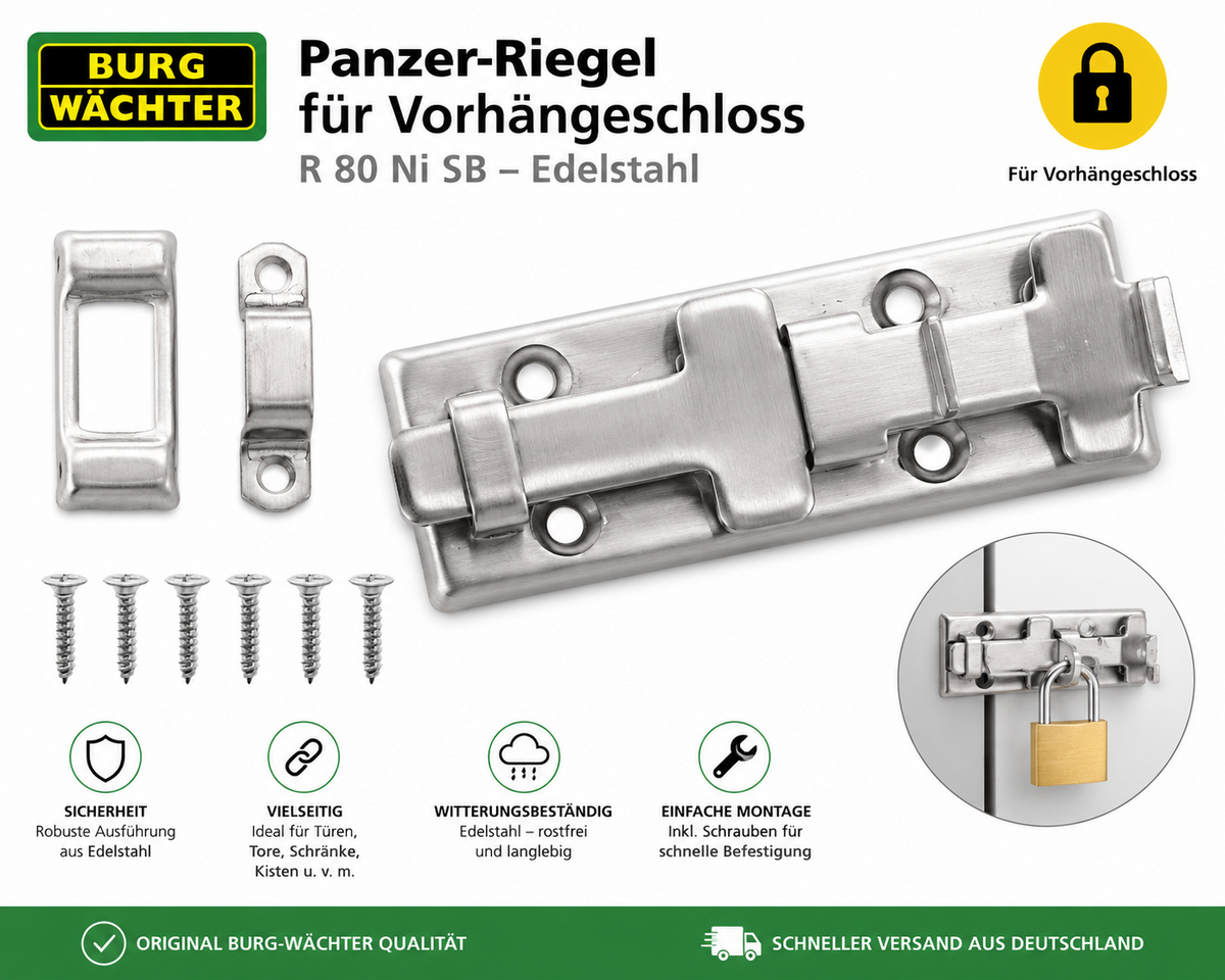 Burg-Wächter Panzer-Riegel R 80 Ni SB Edelstahl für Vorhängeschloss