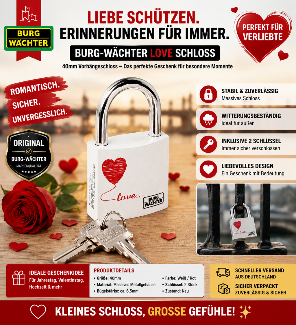 BURG-WÄCHTER Love Schloss 40mm Vorhängeschloss Herz Rot Geschenk Paar